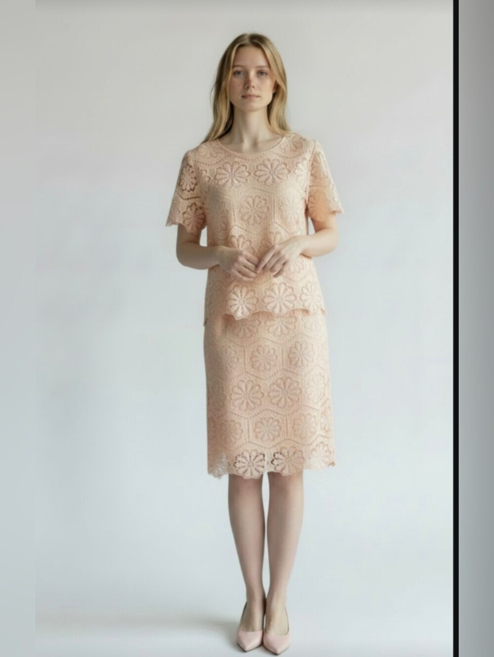 NWOT! PRESTON & YORK! SOFTEST SHELL/SALMON PINK LACE SKIRT & TOP SET, SUIT! SZ S